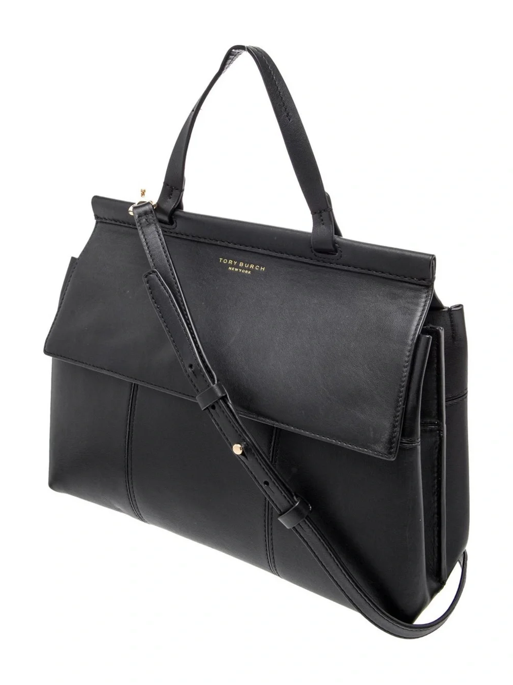 TORY BURCH Black Smooth Leather Block T Satchel Bag With Strap